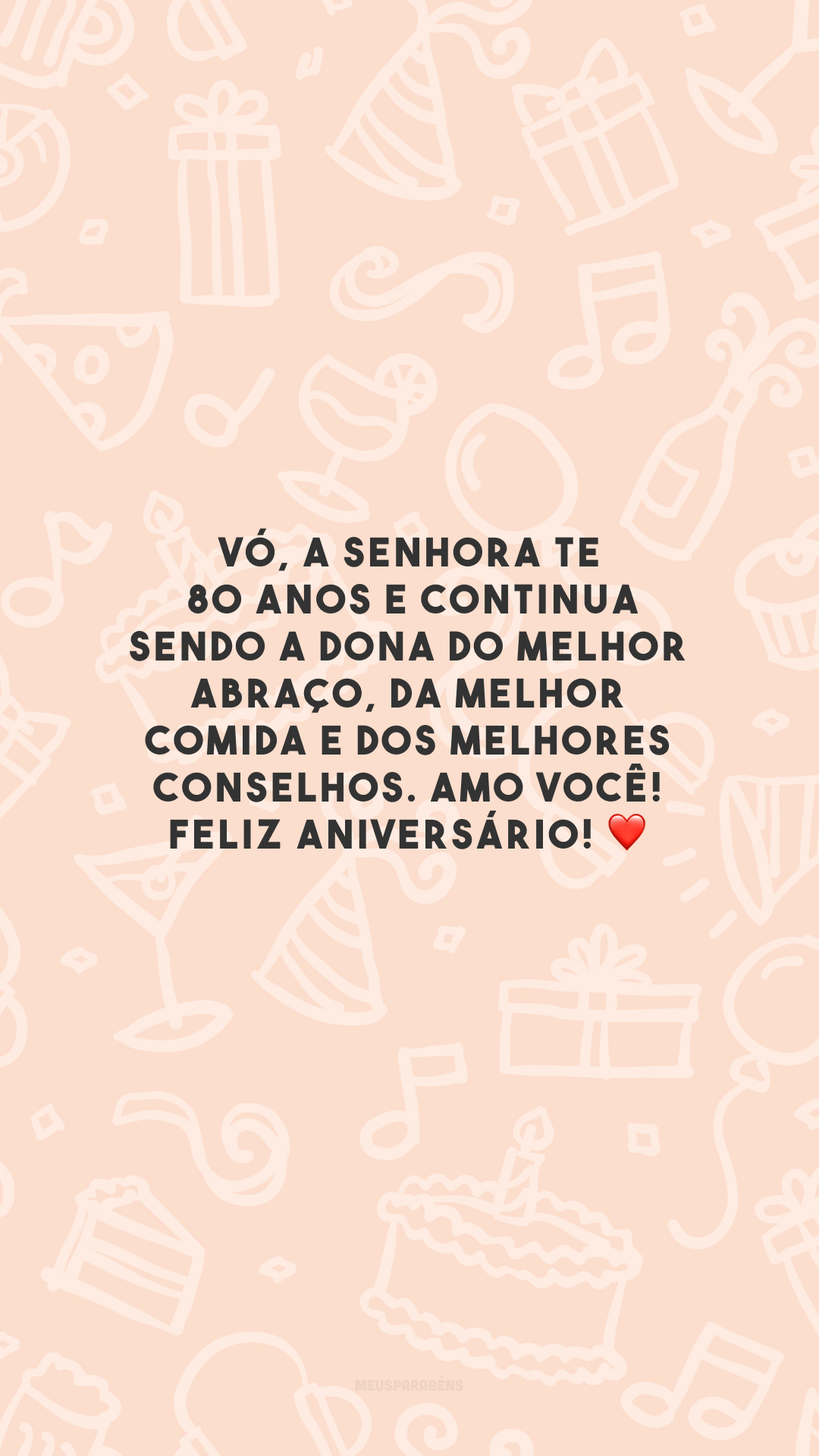 Vó, a senhora tem 80 anos e continua sendo a dona do melhor abraço, da melhor comida e dos melhores conselhos. Amo você! Feliz aniversário! ❤️