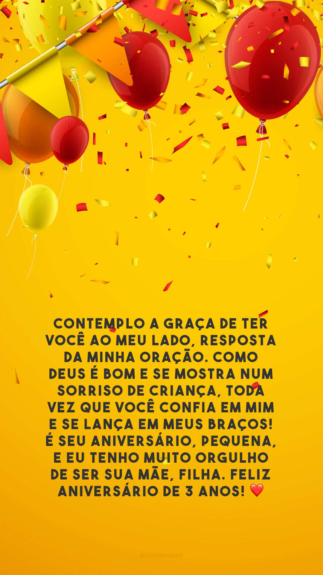 Contemplo a graça de ter você ao meu lado, resposta da minha oração. Como Deus é bom e se mostra num sorriso de criança, toda vez que você confia em mim e se lança em meus braços! É seu aniversário, pequena, e eu tenho muito orgulho de ser sua mãe, filha. Feliz aniversário de 3 anos! ❤️