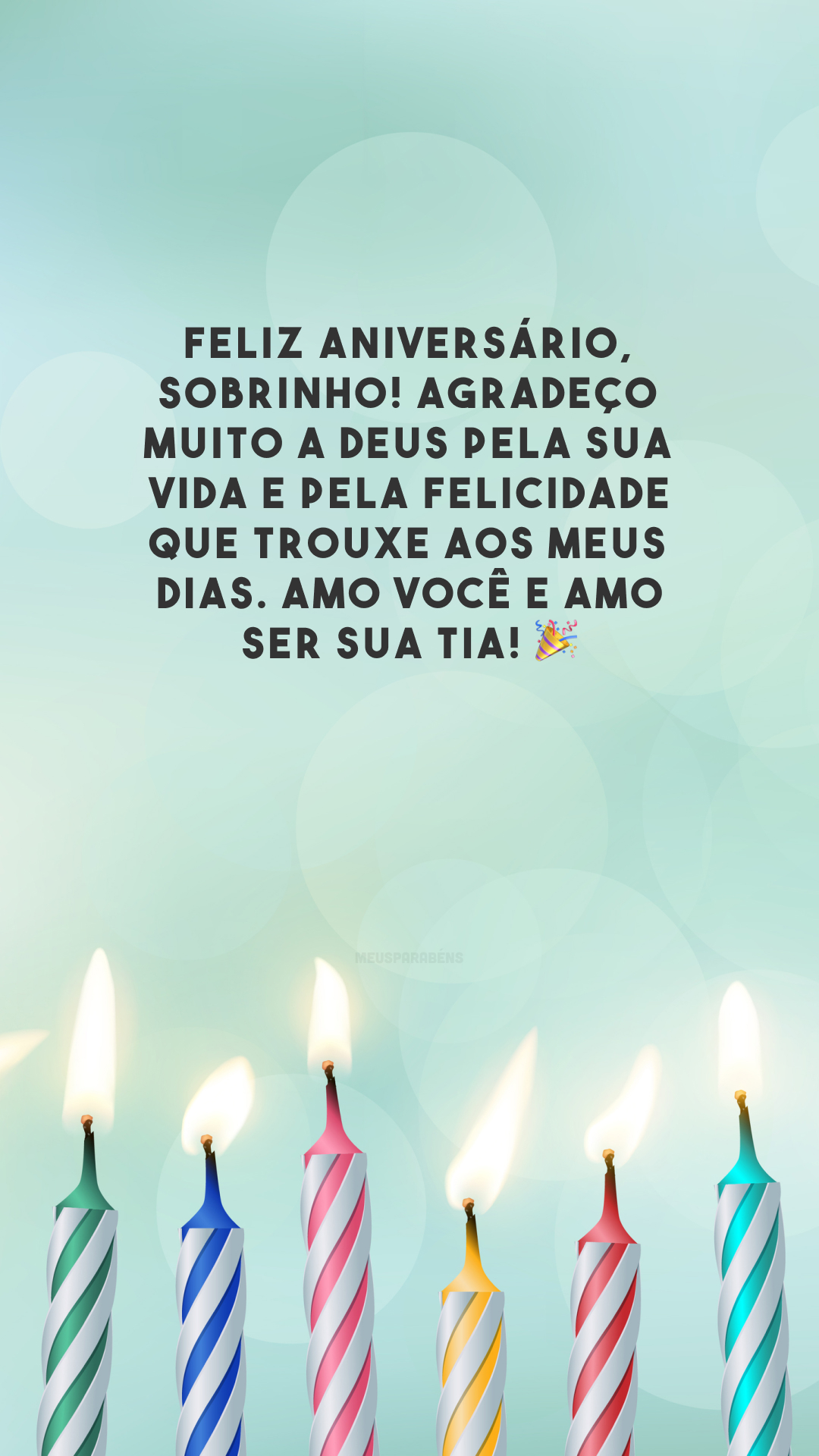 Feliz aniversário, sobrinho! Agradeço muito a Deus pela sua vida e pela felicidade que trouxe aos meus dias. Amo você e amo ser sua tia! 🎉