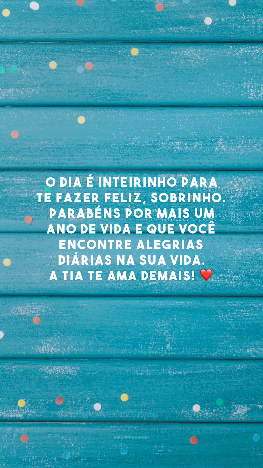 O dia é inteirinho para te fazer feliz, sobrinho. Parabéns por mais um ano de vida e que você encontre alegrias diárias na sua vida. A tia te ama demais! ❤️