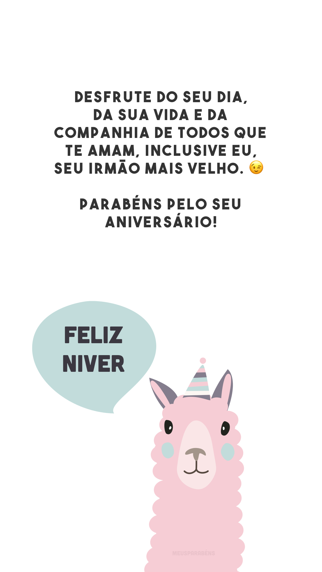 Desfrute do seu dia, da sua vida e da companhia de todos que te amam, inclusive eu, seu irmão mais velho. 😉 Parabéns pelo seu aniversário!