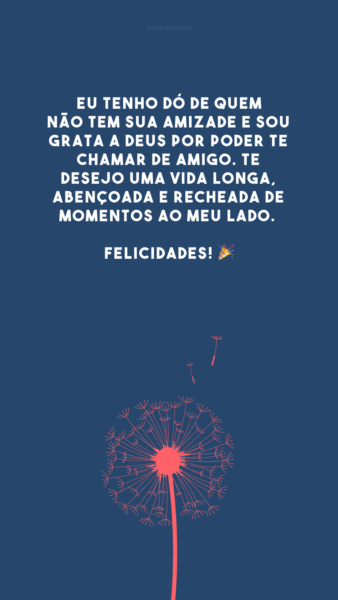 Eu tenho dó de quem não tem sua amizade e sou grata a Deus por poder te chamar de amigo. Te desejo uma vida longa, abençoada e recheada de momentos ao meu lado. Felicidades! 🎉