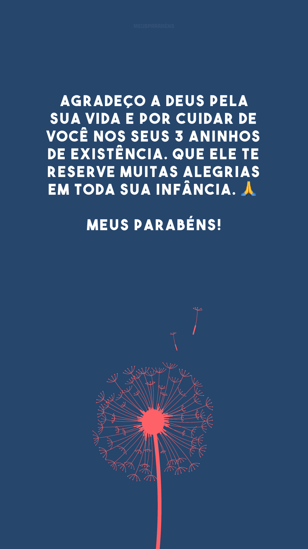 Agradeço a Deus pela sua vida e por cuidar de você nos seus 3 aninhos de existência. Que Ele te reserve muitas alegrias em toda sua infância. 🙏 Meus parabéns!