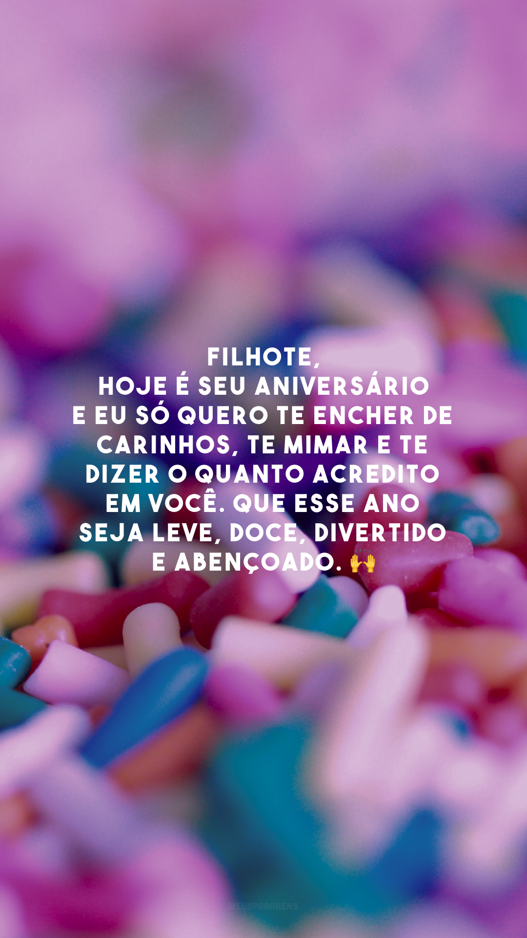 Filhote, hoje é seu aniversário e eu só quero te encher de carinhos, te mimar e te dizer o quanto acredito em você. Que esse ano seja leve, doce, divertido e abençoado. 🙌