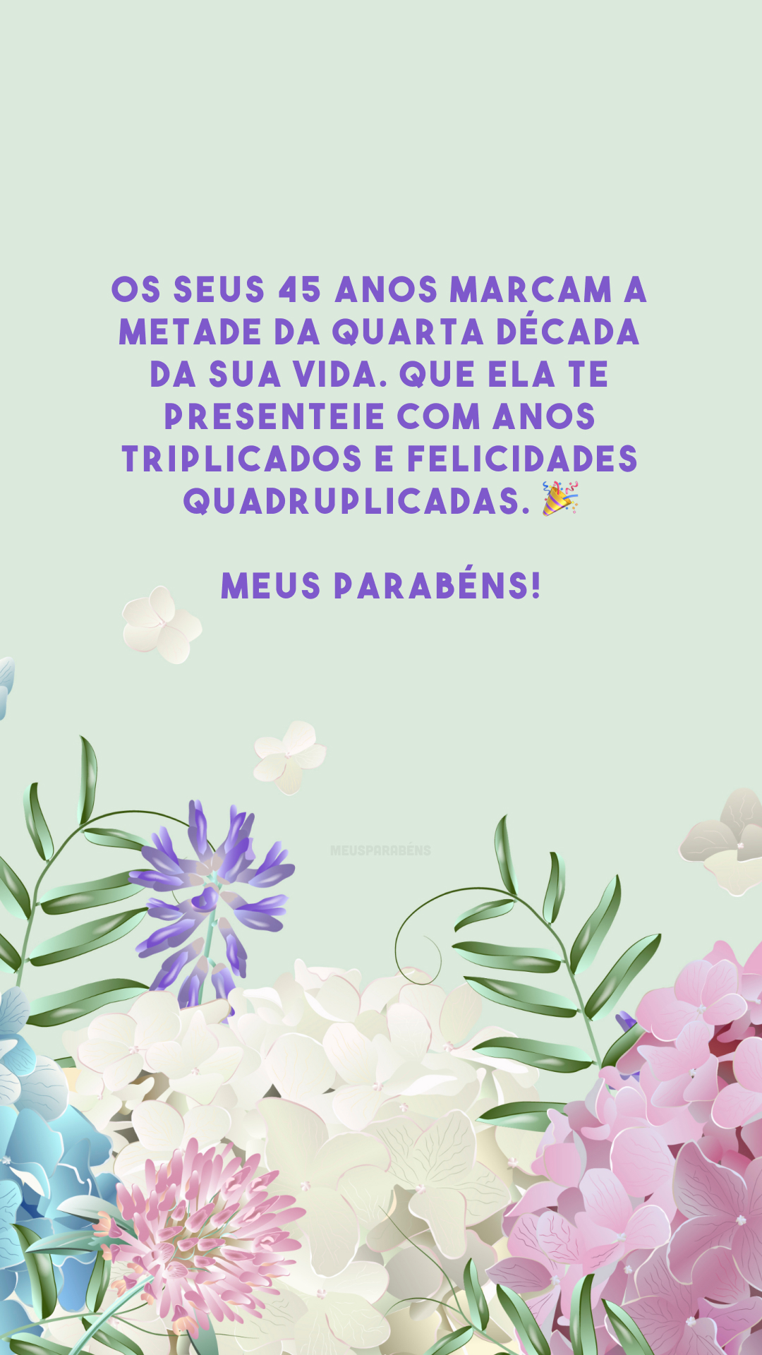 Os seus 45 anos marcam a metade da quarta década da sua vida. Que ela te presenteie com anos triplicados e felicidades quadruplicadas. 🎉 Meus parabéns!